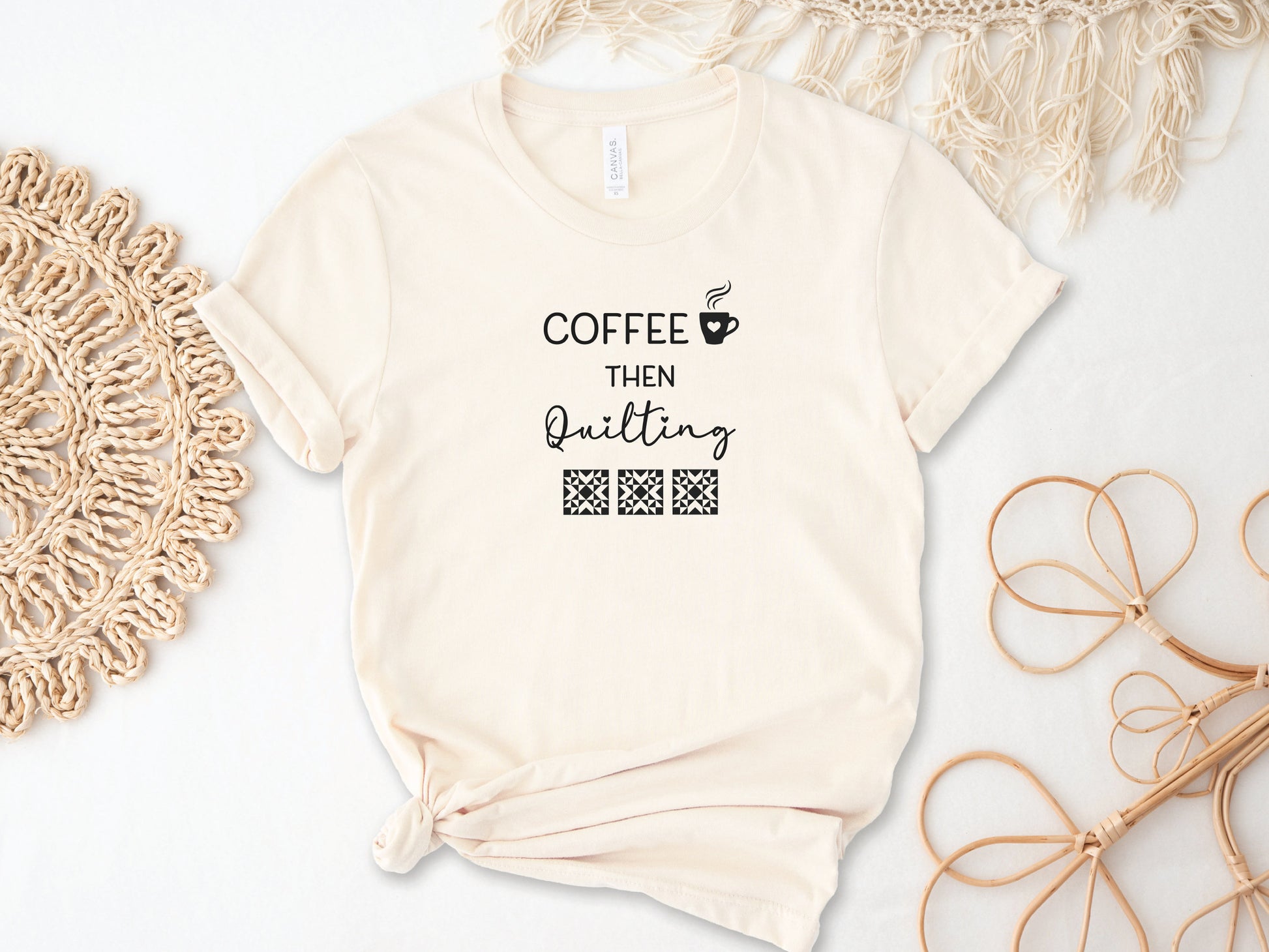 Coffee Then Quilting T-Shirt with a coffee cup with a heart design, and 3 quilting blocks.
